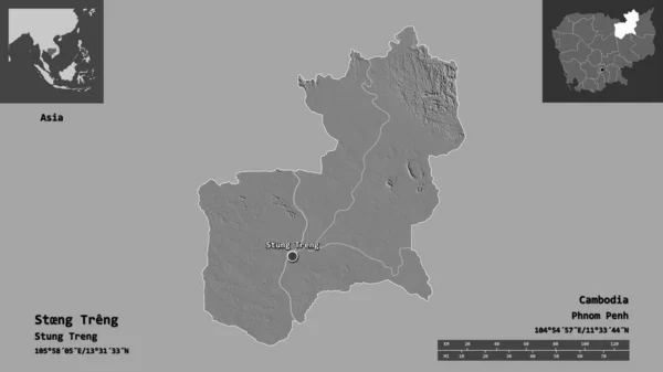 柬埔寨省的Stng Treng形状及其首都 距离刻度 预览和标签 Bilevel高程图 3D渲染 — 图库照片