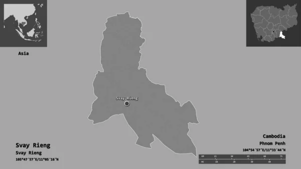 柬埔寨Svay Rieng的形状及其首都 距离刻度 预览和标签 Bilevel高程图 3D渲染 — 图库照片