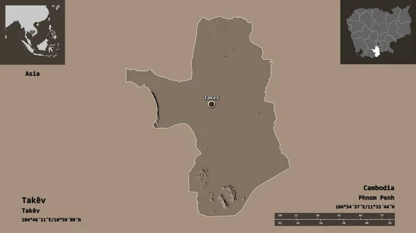 カンボジアのタコフ州とその首都の形 距離スケール プレビューおよびラベル 色の標高マップ 3Dレンダリング — ストック写真