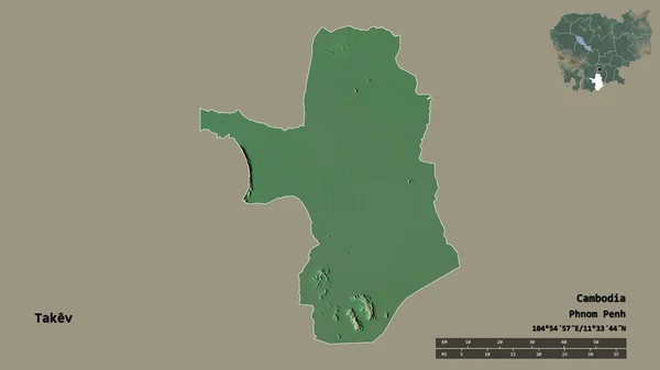 カンボジアのタケフ州の形は その資本がしっかりとした背景に隔離されています 距離スケール リージョンプレビュー およびラベル 地形図 3Dレンダリング — ストック写真