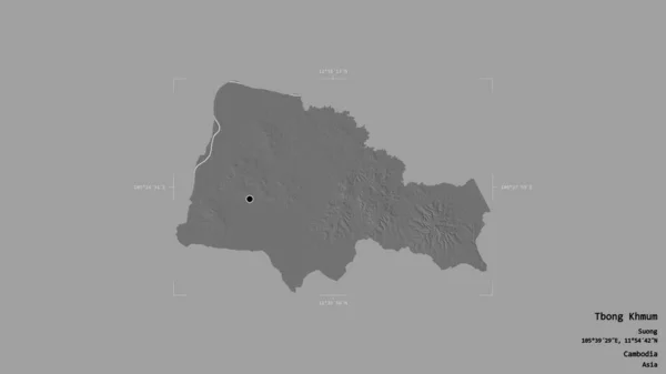 カンボジア共和国のトボン クマム地域は 地理的な境界の箱の中にしっかりとした背景に隔離されています ラベル 標高マップ 3Dレンダリング — ストック写真