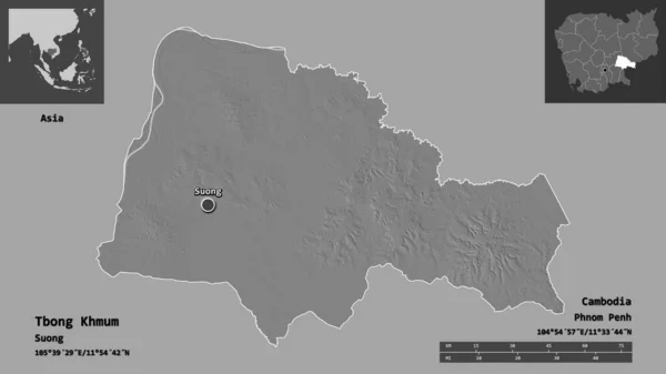 柬埔寨Tbong Khmum的形状及其首都 距离刻度 预览和标签 Bilevel高程图 3D渲染 — 图库照片