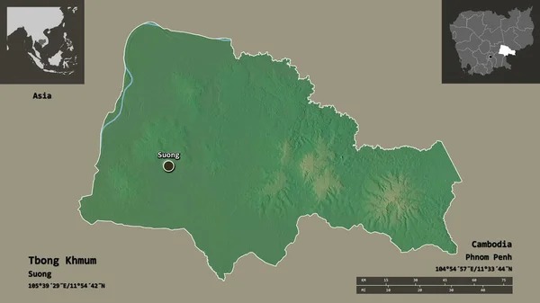 カンボジア共和国の首都トボン クマムの形 距離スケール プレビューおよびラベル 地形図 3Dレンダリング — ストック写真