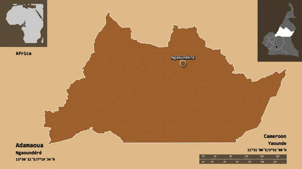 アダマウアの形状 カメルーンの地域 およびその首都 距離スケール プレビューおよびラベル パターン化されたテクスチャの構成 3Dレンダリング — ストック写真