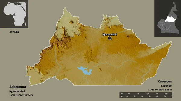 喀麦隆阿达马乌阿的形状及其首都 距离刻度 预览和标签 地形浮雕图 3D渲染 — 图库照片