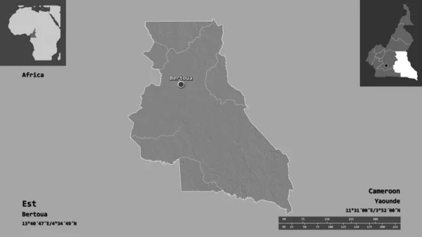 東の形 カメルーンの地域 その首都 距離スケール プレビューおよびラベル 標高マップ 3Dレンダリング — ストック写真