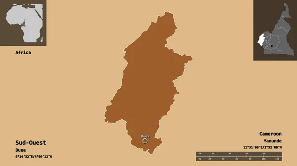 喀麦隆西南地区的形状及其首都 距离刻度 预览和标签 图形纹理的组成 3D渲染 — 图库照片