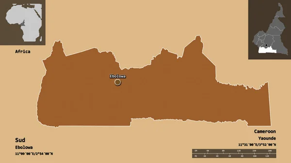 Form Sud Regionen Kamerun Och Dess Huvudstad Avståndsskala Förhandsvisningar Och — Stockfoto