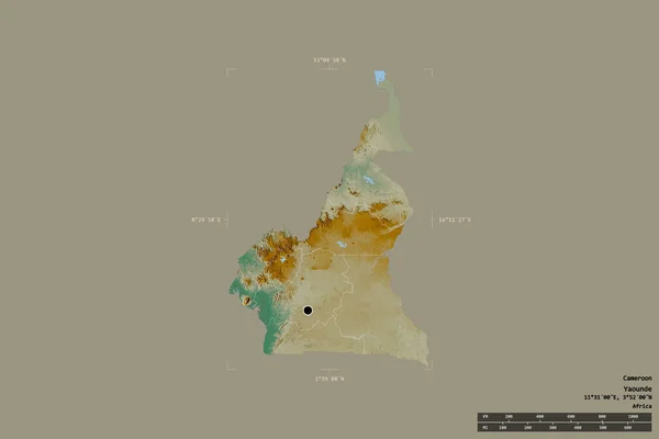 カメルーンの地域は 洗練された境界ボックス内の強固な背景に隔離されています 主な地域部門 距離スケール ラベル 地形図 3Dレンダリング — ストック写真