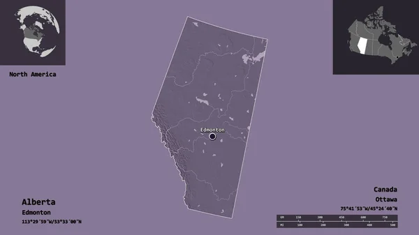 カナダの州アルバータとその首都の形 距離スケール プレビューおよびラベル 色の標高マップ 3Dレンダリング — ストック写真