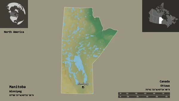 Forme Manitoba Province Canada Capitale Échelle Distance Aperçus Étiquettes Carte — Photo