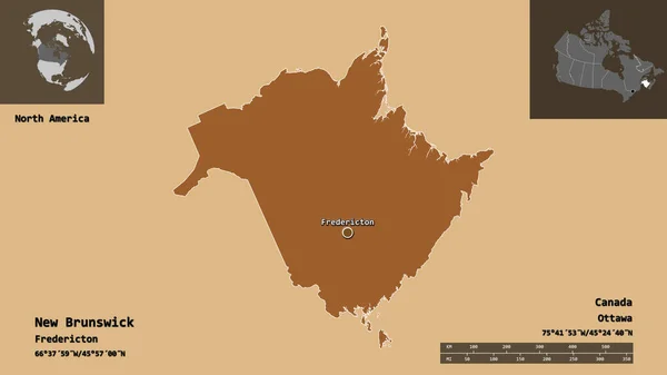 Shape New Brunswick Provinz Von Kanada Und Seine Hauptstadt Entfernungsskala — Stockfoto