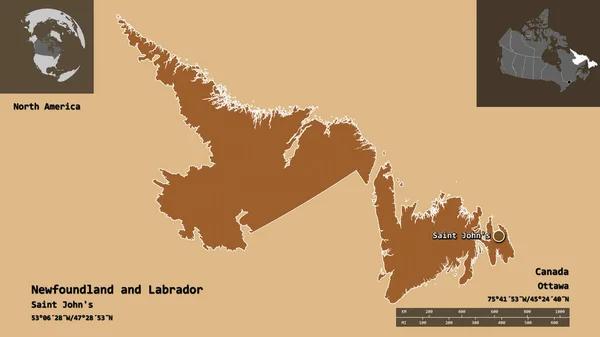 Shape Newfoundland Labrador Province Canada Its Capital Distance Scale Previews — Stock Photo, Image