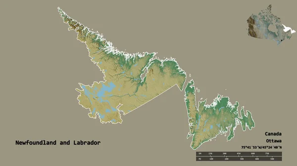 纽芬兰省和拉布拉多省的形状 其首都背景坚实 距离尺度 区域预览和标签 地形浮雕图 3D渲染 — 图库照片