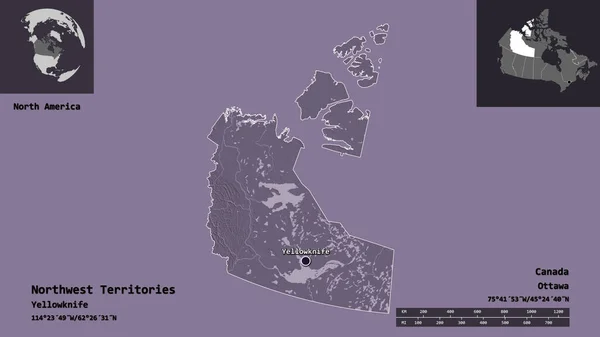 Tvar Severozápadních Území Území Kanady Jeho Hlavního Města Měřítko Vzdálenosti — Stock fotografie