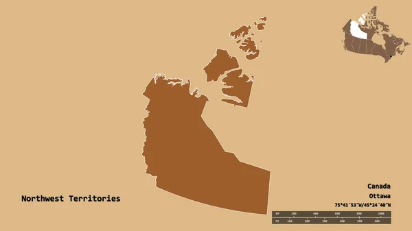 カナダの領土であるノースウエスト準州の形は その資本がしっかりとした背景に隔離されています 距離スケール リージョンプレビュー およびラベル パターン化されたテクスチャの構成 3Dレンダリング — ストック写真