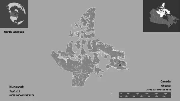 Forma Nunavut Territorio Del Canada Sua Capitale Scala Distanza Anteprime — Foto Stock