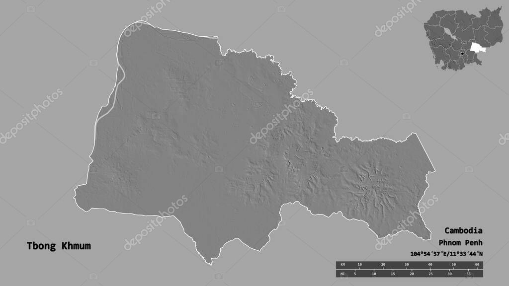 Forma de Tbong Khmum, provincia de Camboya, con su capital aislada