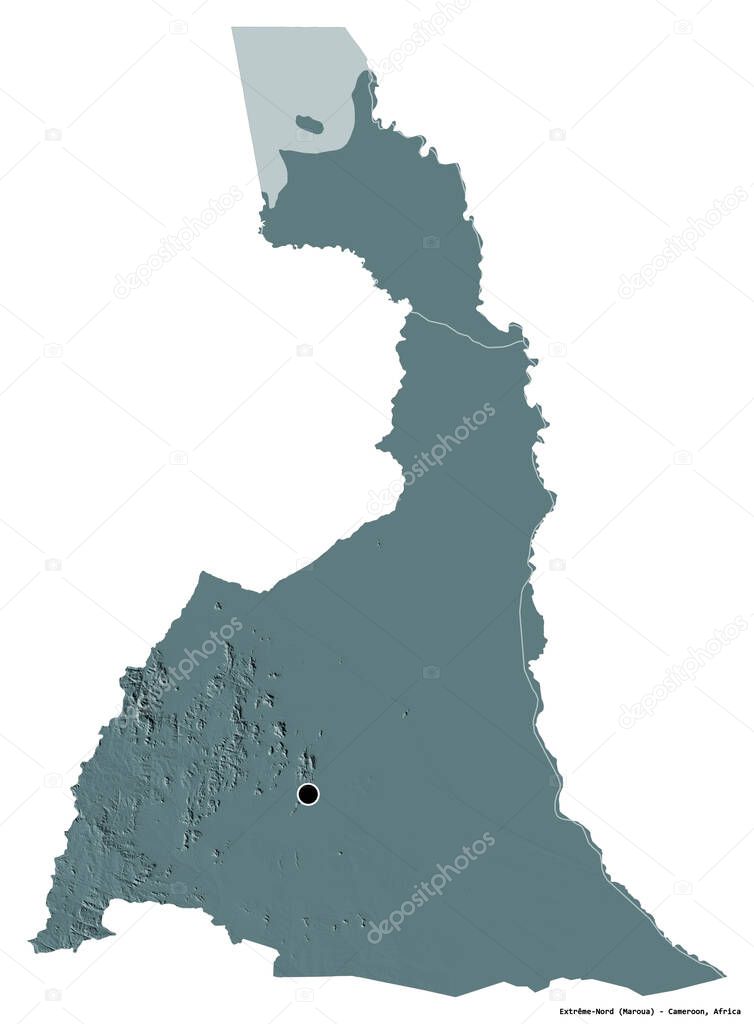 Shape of Extreme-Nord, region of Cameroon, with its capital isolated on white background. Colored elevation map. 3D rendering