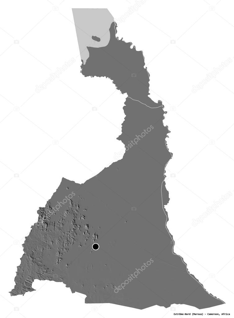 Shape of Extreme-Nord, region of Cameroon, with its capital isolated on white background. Bilevel elevation map. 3D rendering
