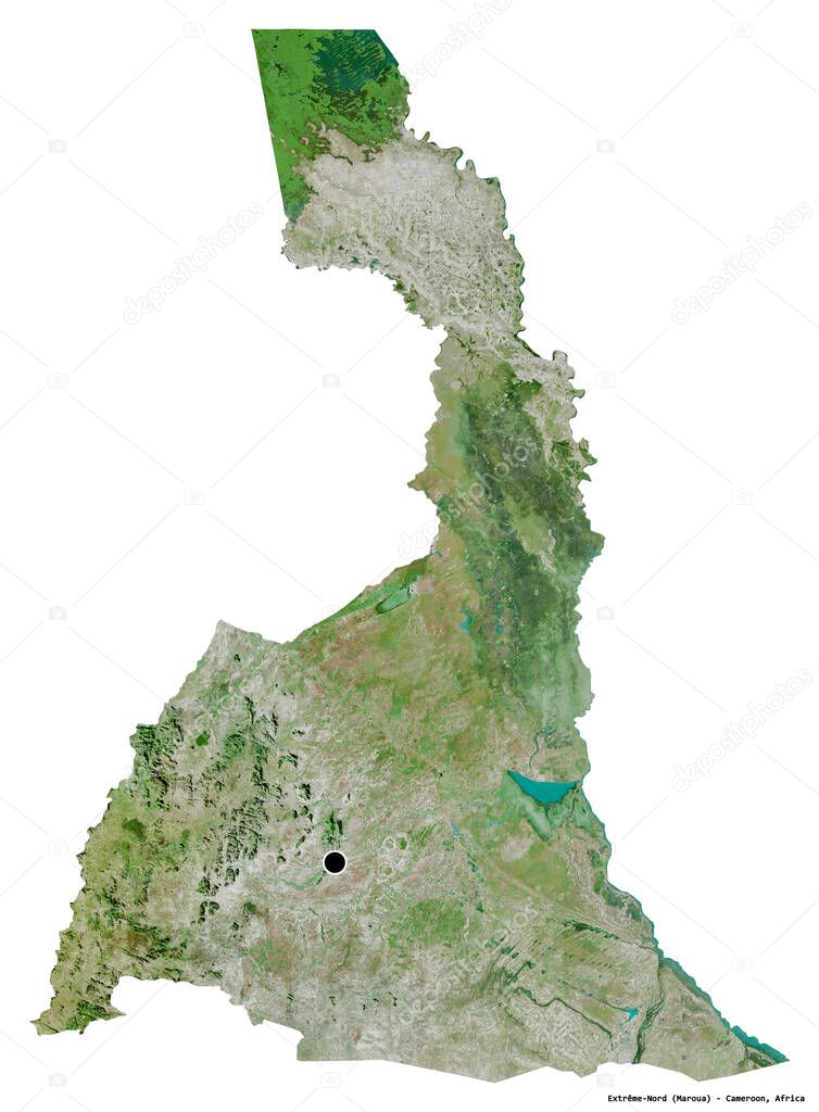 Shape of Extreme-Nord, region of Cameroon, with its capital isolated on white background. Satellite imagery. 3D rendering
