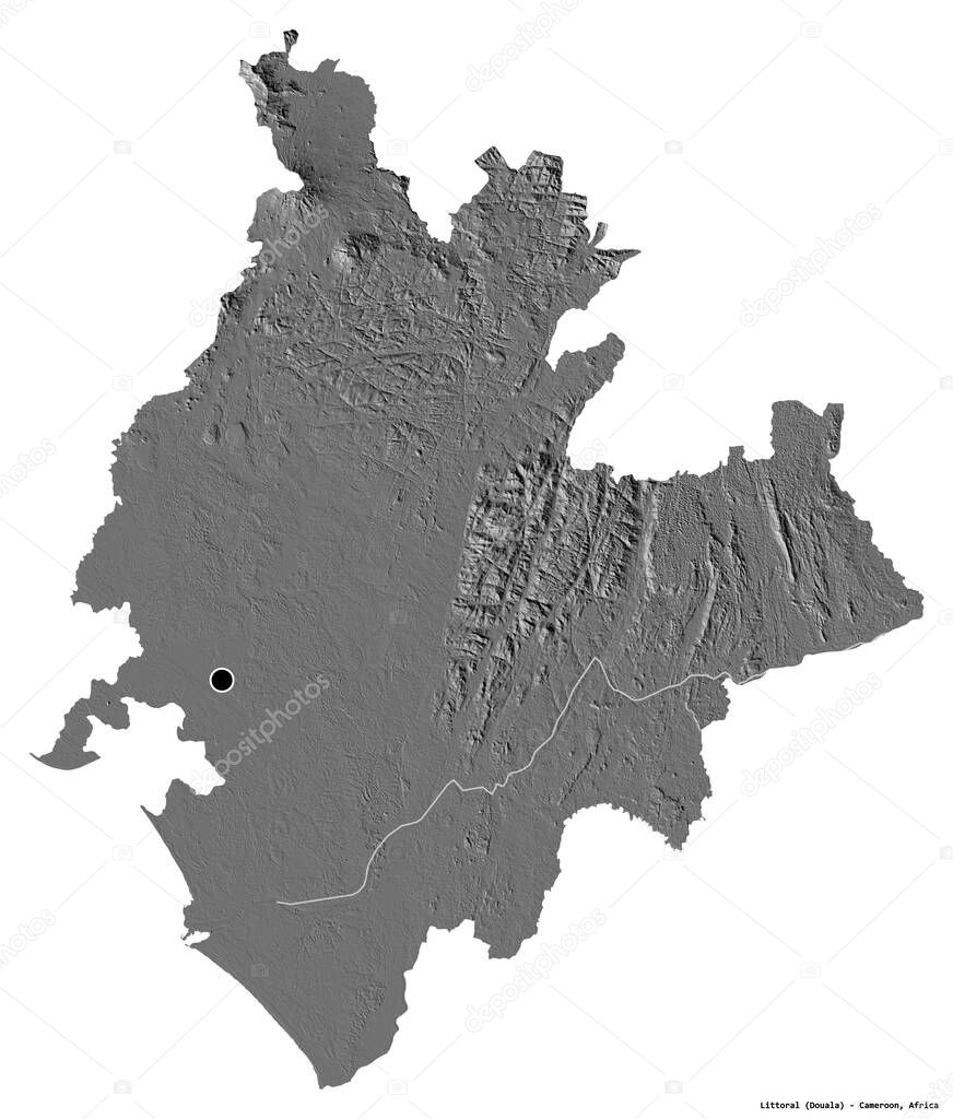 Shape of Littoral, region of Cameroon, with its capital isolated on white background. Bilevel elevation map. 3D rendering