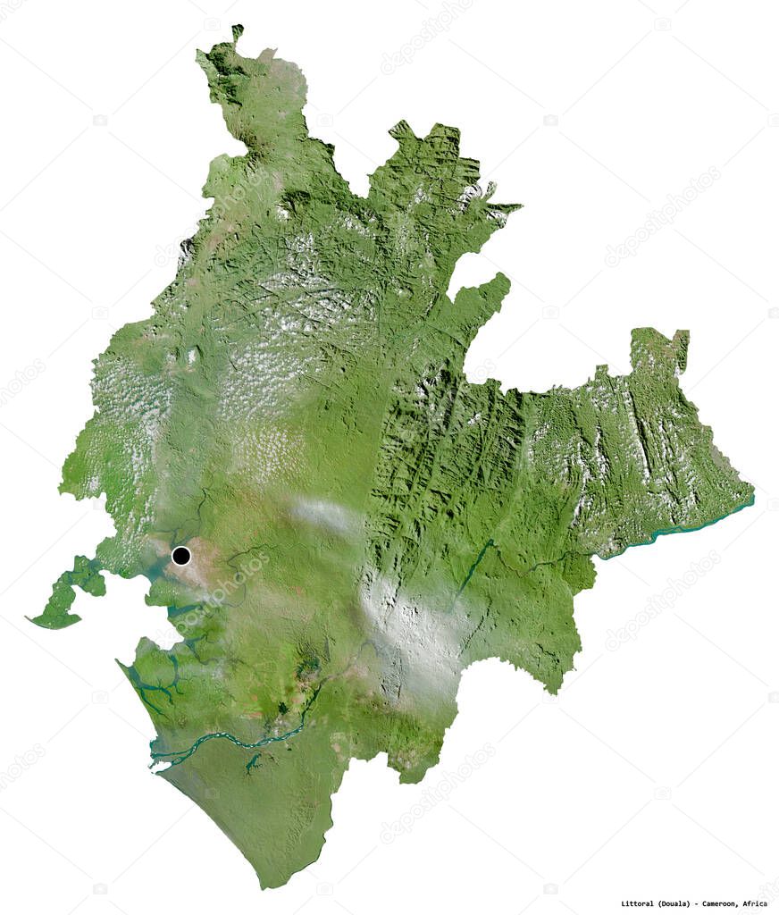 Shape of Littoral, region of Cameroon, with its capital isolated on white background. Satellite imagery. 3D rendering