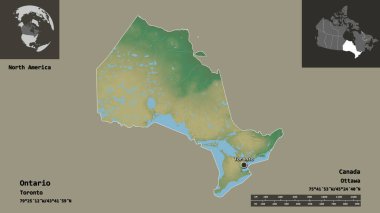 Ontario 'nun şekli, Kanada eyaleti ve başkenti. Uzaklık ölçeği, ön gösterimler ve etiketler. Topografik yardım haritası. 3B görüntüleme