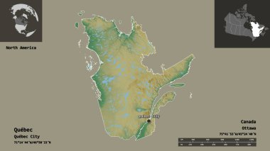 Quebec 'in şekli, Kanada eyaleti ve başkenti. Uzaklık ölçeği, ön gösterimler ve etiketler. Topografik yardım haritası. 3B görüntüleme