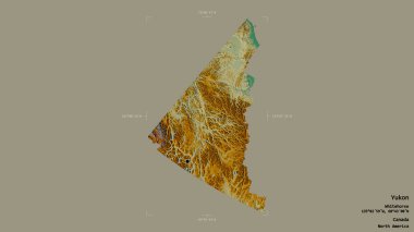 Yukon bölgesi, Kanada bölgesi, katı bir arka planda izole edilmiş bir sınır kutusunda. Etiketler. Topografik yardım haritası. 3B görüntüleme