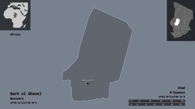 Barh el Ghazel 'in şekli, Çad bölgesi ve başkenti. Uzaklık ölçeği, ön gösterimler ve etiketler. Renkli yükseklik haritası. 3B görüntüleme