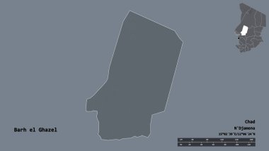 Çad 'ın başkenti Barh el Ghazel' in katı arka planda izole edilmiş hali. Uzaklık ölçeği, bölge önizlemesi ve etiketleri. Renkli yükseklik haritası. 3B görüntüleme