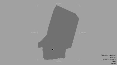Barh el Ghazel bölgesi, Chad bölgesi, jeoreferatlı bir sınır kutusunda sağlam bir arka planda izole edilmiş. Etiketler. Çift seviyeli yükseklik haritası. 3B görüntüleme