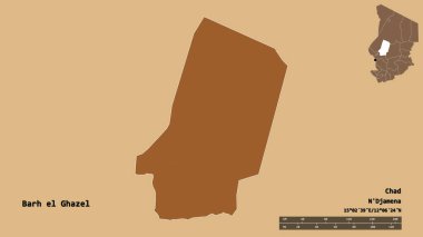 Çad 'ın başkenti Barh el Ghazel' in katı arka planda izole edilmiş hali. Uzaklık ölçeği, bölge önizlemesi ve etiketleri. Desenli dokuların bileşimi. 3B görüntüleme