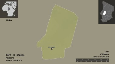 Barh el Ghazel 'in şekli, Çad bölgesi ve başkenti. Uzaklık ölçeği, ön gösterimler ve etiketler. Topografik yardım haritası. 3B görüntüleme