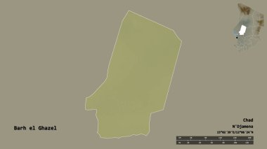 Çad 'ın başkenti Barh el Ghazel' in katı arka planda izole edilmiş hali. Uzaklık ölçeği, bölge önizlemesi ve etiketleri. Topografik yardım haritası. 3B görüntüleme