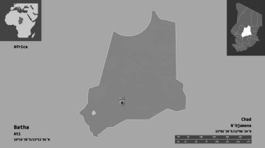 Batha 'nın şekli, Çad bölgesi ve başkenti. Uzaklık ölçeği, ön gösterimler ve etiketler. Çift seviyeli yükseklik haritası. 3B görüntüleme