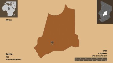 Batha 'nın şekli, Çad bölgesi ve başkenti. Uzaklık ölçeği, ön gösterimler ve etiketler. Desenli dokuların bileşimi. 3B görüntüleme