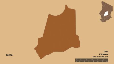 Batha 'nın şekli, Çad bölgesi, başkenti sağlam bir zemin üzerinde izole edilmiş. Uzaklık ölçeği, bölge önizlemesi ve etiketleri. Desenli dokuların bileşimi. 3B görüntüleme