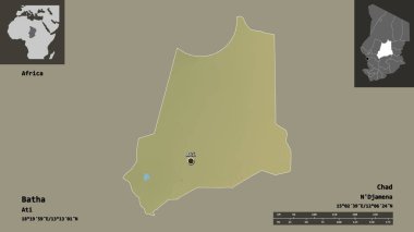 Batha 'nın şekli, Çad bölgesi ve başkenti. Uzaklık ölçeği, ön gösterimler ve etiketler. Topografik yardım haritası. 3B görüntüleme