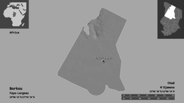 Borkou 'nun şekli, Çad bölgesi ve başkenti. Uzaklık ölçeği, ön gösterimler ve etiketler. Çift seviyeli yükseklik haritası. 3B görüntüleme