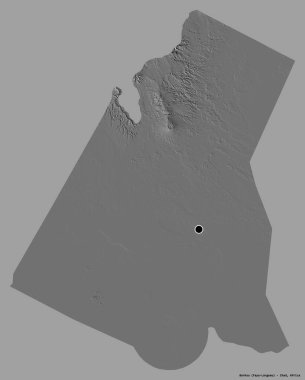 Çad 'ın Borkou bölgesi, başkenti katı renk arkaplanı ile izole edilmiştir. Çift seviyeli yükseklik haritası. 3B görüntüleme