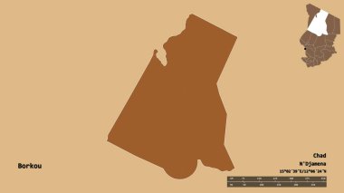 Çad 'ın Borkou bölgesi, başkenti sağlam bir zemin üzerinde izole edilmiş. Uzaklık ölçeği, bölge önizlemesi ve etiketleri. Desenli dokuların bileşimi. 3B görüntüleme