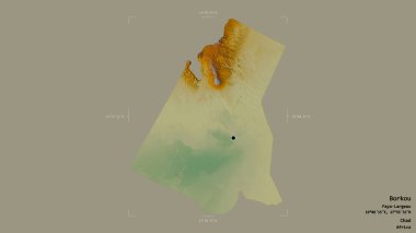 Borkou bölgesi, Chad bölgesi, jeoreferatlı bir sınır kutusunda sağlam bir arka planda izole edilmiş. Etiketler. Topografik yardım haritası. 3B görüntüleme