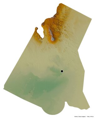 Borkou 'nun şekli, Çad bölgesi, başkenti beyaz arka planda izole edilmiş. Topografik yardım haritası. 3B görüntüleme