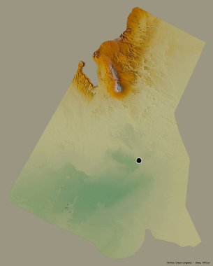 Çad 'ın Borkou bölgesi, başkenti katı renk arkaplanı ile izole edilmiştir. Topografik yardım haritası. 3B görüntüleme