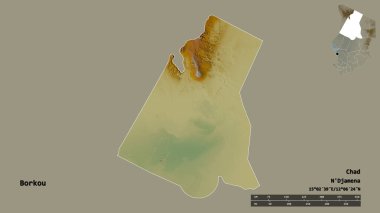 Çad 'ın Borkou bölgesi, başkenti sağlam bir zemin üzerinde izole edilmiş. Uzaklık ölçeği, bölge önizlemesi ve etiketleri. Topografik yardım haritası. 3B görüntüleme