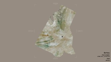 Borkou bölgesi, Chad bölgesi, jeoreferatlı bir sınır kutusunda sağlam bir arka planda izole edilmiş. Etiketler. Uydu görüntüleri. 3B görüntüleme