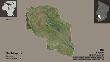 Çad bölgesi ve başkenti Chari-Bagu 'nun şeklidir. Uzaklık ölçeği, ön gösterimler ve etiketler. Uydu görüntüleri. 3B görüntüleme