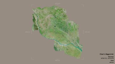 Chari-Bagu bölgesi, Chad bölgesi, jeoreferatlı bir sınır kutusunda sağlam bir arka planda izole edilmiş. Etiketler. Uydu görüntüleri. 3B görüntüleme